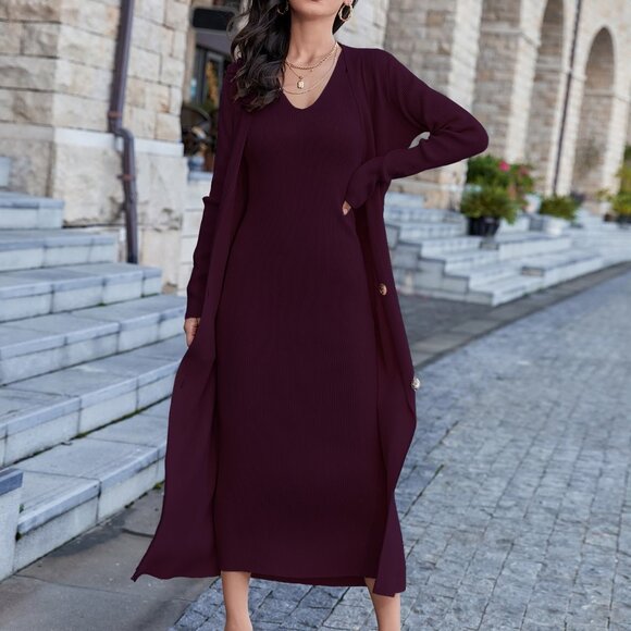 Maroon Elegant Women's Sleeveless Sweater Dress & Button Front Cardigan Set - Picture 7 of 8